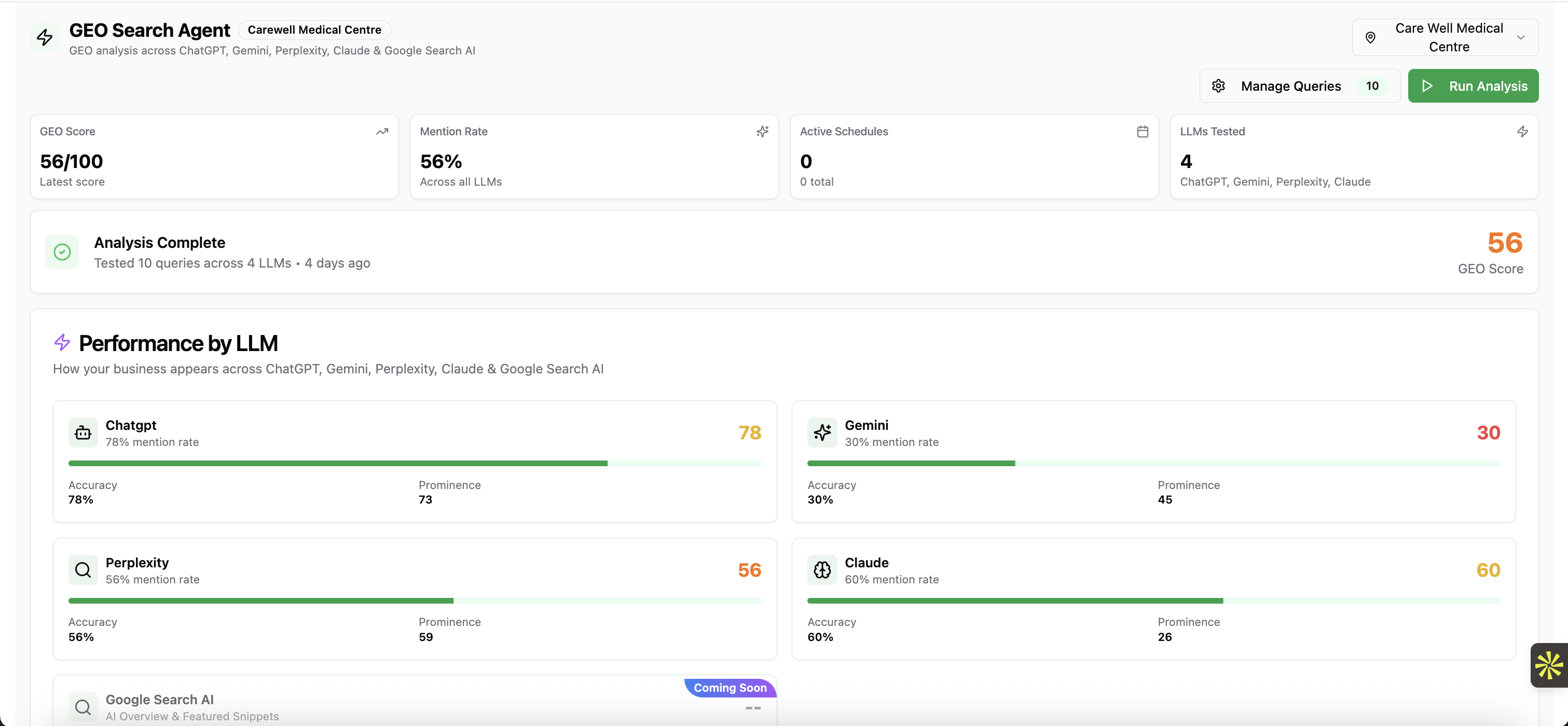 GEO AI Search platform showing brand citations in AI engines